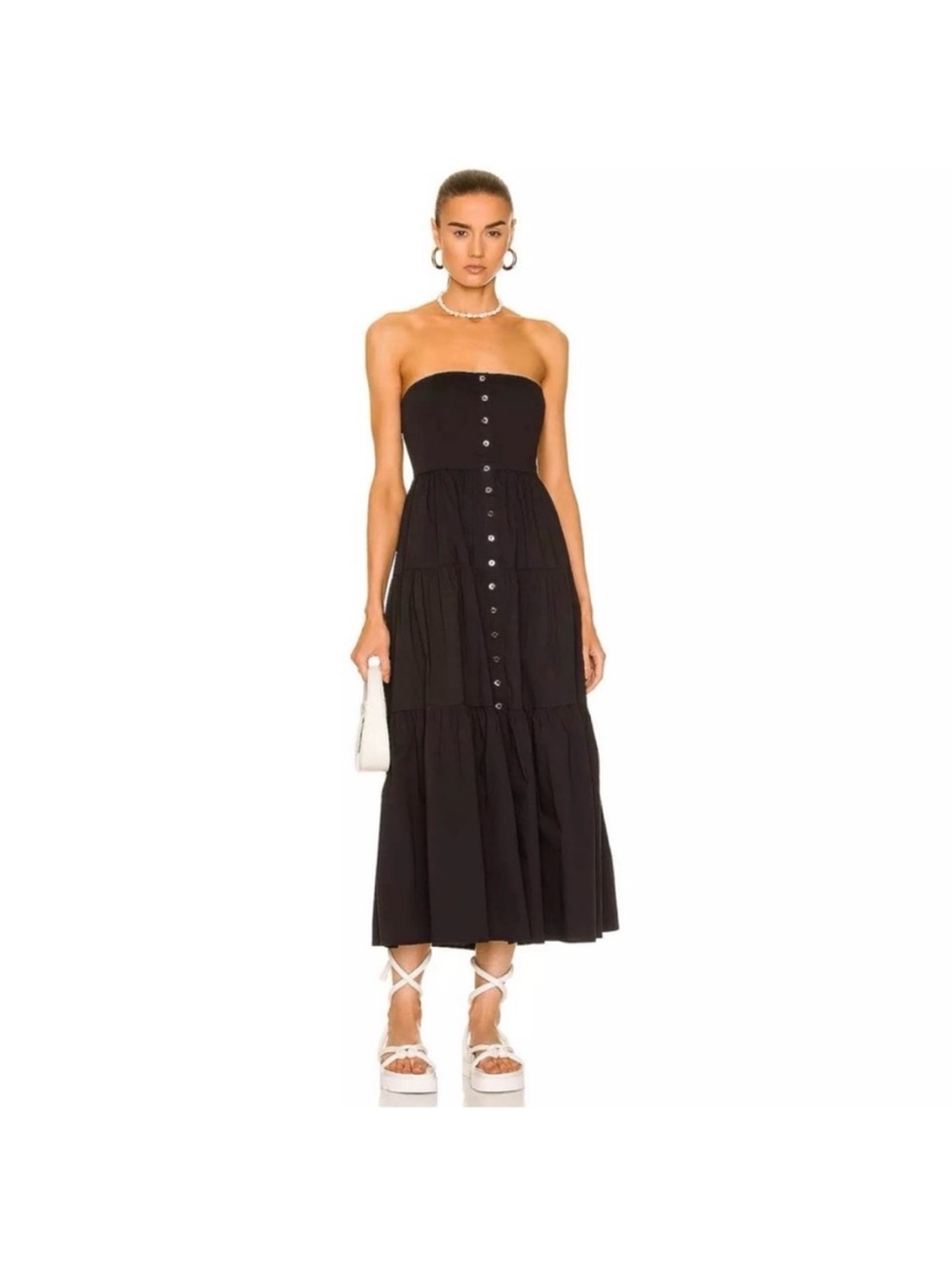 STAUD Black Strapless Button-Front Midi Dress